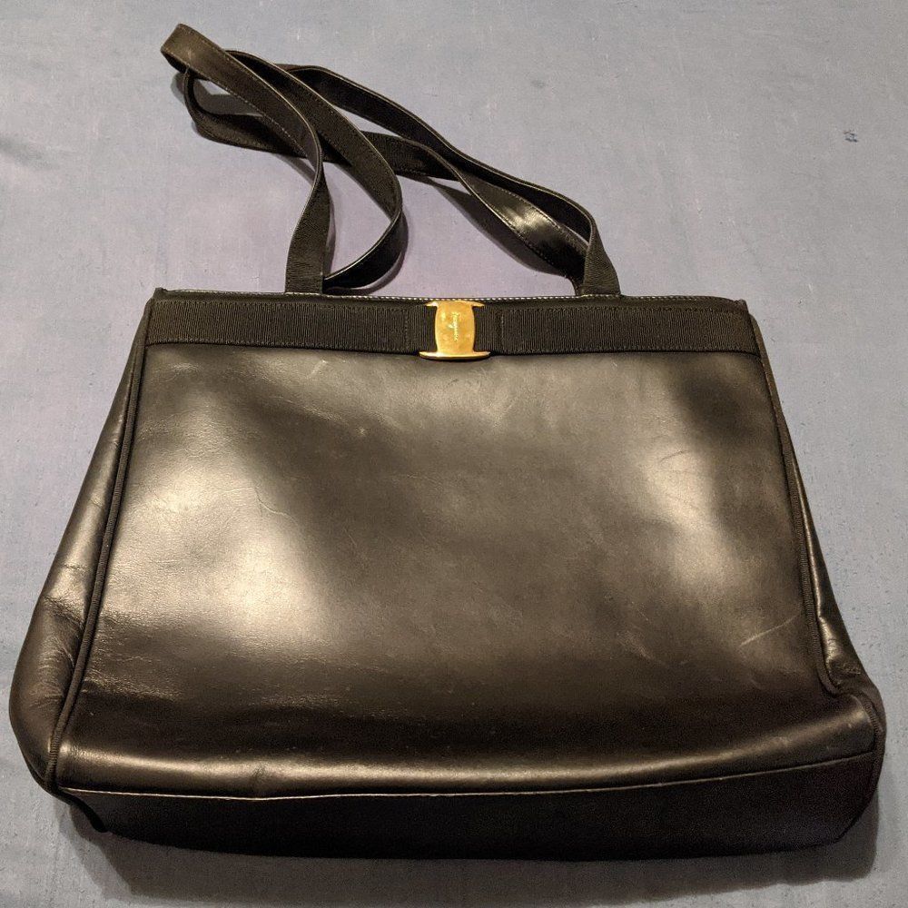 Salvatore Ferragamo Black Leather Vara Tote Vintage